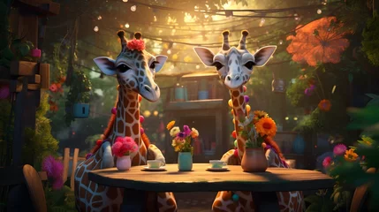 Fototapeten Silly giraffes with polka-dotted necks sipping lemonade in a playful patchwork jungle © Graphica Galore
