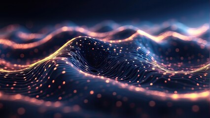 Digital wave backdrop concept in technology. Gorgeous texture of undulating dots in motion with light particles that are defocused. background in technology or cyberspace - obrazy, fototapety, plakaty