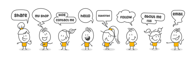 Stick figures. Social media. Hand drawn doodle line art cartoon design character.