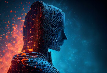Abstract glowing digital profile on blue background with binary code and mockup space. ID and digital transformation concept. 3D Rendering. Generative AI