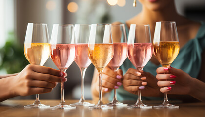 Group of adults holding champagne flutes, celebrating success and friendship generated by AI - obrazy, fototapety, plakaty