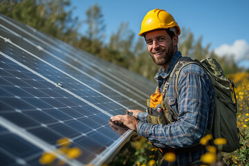 Obraz premium Engineer designing solar panels, photovoltaic. Eco-friendly technology and engineering of renewable source of energy. Sustainable investments.