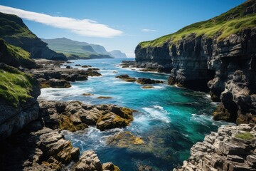 Fototapeta na wymiar Steep cliffs surrounding a remote island by the sea., generative IA