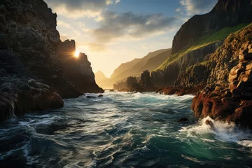 Poster Steep cliffs surrounding a remote island by the sea., generative IA © JONATAS