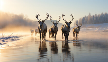 Tranquil scene deer grazing in winter forest at dawn generated by AI