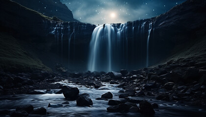 Majestic mountain range, tranquil scene, flowing water, starry night generated by AI - obrazy, fototapety, plakaty