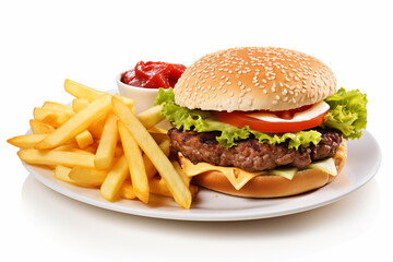 Burger with red sauce and fries isolated on the white plate.