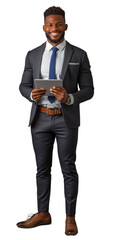 Full length portrait of a smiling African-American businessman holding tablet standing isolate