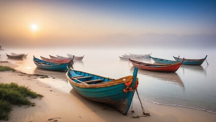 Fototapeta na wymiar landscape for wooden boats and fog, calm nature