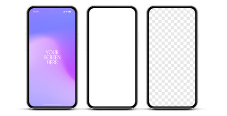 3D realistic high quality smartphone mockup with isolated background. Smart phone mockup collection. Device front view. 3D mobile phone with shadow on white background.
