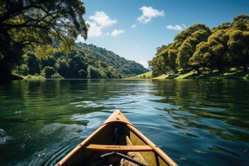 Kayak in the lake between green hills., generative IA