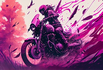 a painting of a person riding a motorcycle on a pink and purple background with a splash of paint on the bike and trees in the background.  generative ai