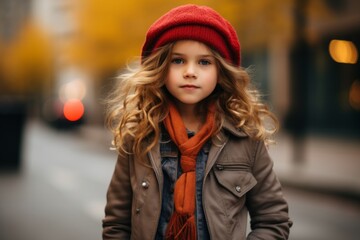 Portrait of a cute little girl in a brown coat and red hat on the street.