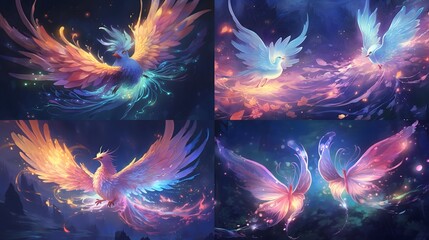 Whimsical creatures with bioluminescent wings soaring through a sky painted in gradients of pastel...