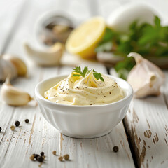 Homemade mayonnaise sauce in white ceramic bowl and ingredients on white wooden background