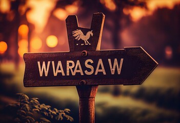 Road sign indicating direction to the city of Warsaw. Generative AI - obrazy, fototapety, plakaty