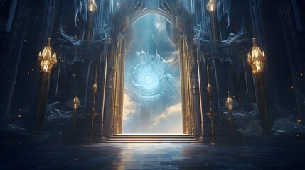 Whimsical doorways floating in the air, each leading to a different fantastical realm, with surreal landscapes visible through the shimmering portals