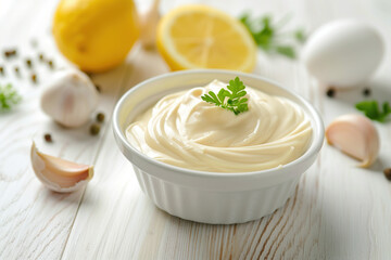 Traditional tasty mayonnaise sauce in white ceramic bowl and ingredients for its preparation on white wooden background