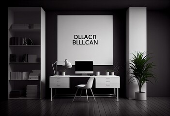 Front view on blank white poster with place for your logo on black wall background in stylish minimalistic style office with transparent walls, wooden floor and stylish furniture. 3D. Generative AI