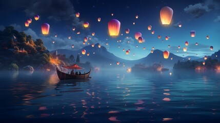 Whimsical, floating lanterns casting a soft glow on a dreamy lake, where fantastical creatures with iridescent wings paddle colorful boats in a surreal regatta - obrazy, fototapety, plakaty