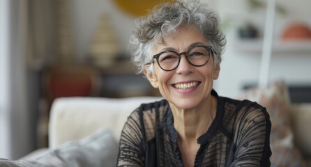 Smiling senior woman with fashionable glasses sitting on cozy home couch. Stylish mature female with a heartwarming smile, enjoying leisure, comfort, having fun.