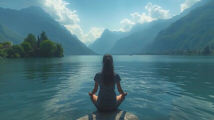 Girl relaxing and meditating by the lake with her back turned