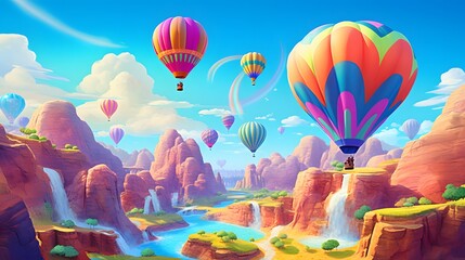 Whimsical hot air balloons shaped like mythical creatures soaring over a psychedelic canyon filled with floating islands and rainbow-colored geysers - obrazy, fototapety, plakaty