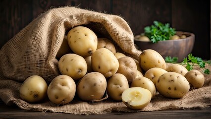 ripe potatoes spilling out of a burlap bag. Highlight the texture of the burlap and the earthy appearance of the potatoes, evoking a sense of freshness and rustic charm