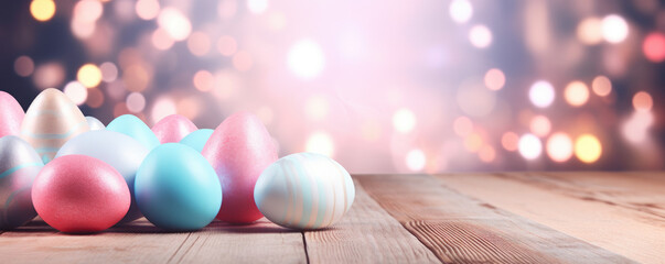 Colored Easter eggs on a wooden table with space for text. This festive image captures the joy and tradition of Easter celebrations, making it perfect for holiday greetings, event invitations