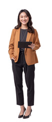 Portrait of a smiling business woman holding tablet and standing on isolate background