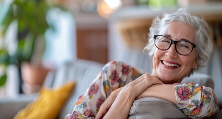 Radiant senior lady with a bright smile indoors. Joyful elderly woman wearing glasses at home. Cheerful mature female with elegant floral blouse. - obrazy, fototapety, plakaty