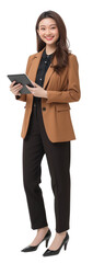 Portrait of a smiling business woman holding tablet and standing on isolate background