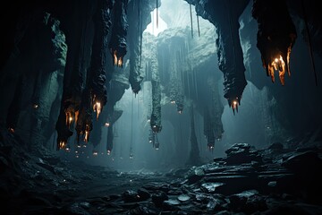 Mysterious stalactites in dark cave., generative IA - obrazy, fototapety, plakaty