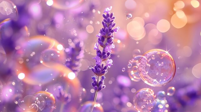  a bunch of soap bubbles floating next to a purple plant with a purple flower in the foreground and a blurry image of a lavender plant in the background.