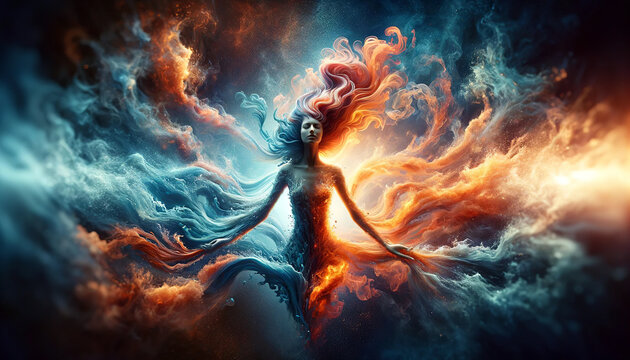 A digital painting of a mythic figure embodying both fire and water elements, with swirling hair and dynamic elemental forces converging around her.The concept of balance.AI generated.