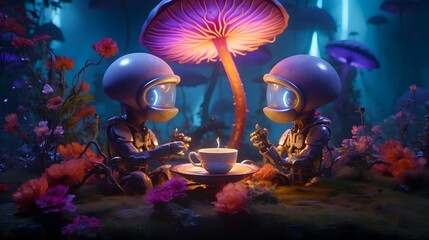 Whimsical robots having a tea party under a giant mushroom in a field of neon flowers