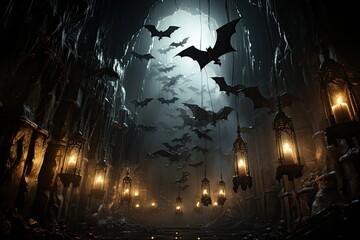 Bats hanging in a dark cave., generative IA