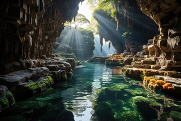 Underground Cave Waterfall Underground Natural Beauty., generative IA