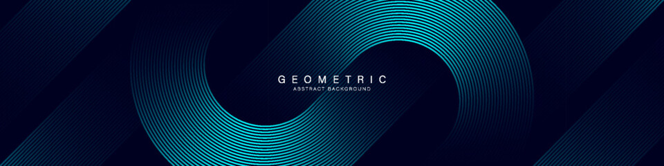 Dark blue abstract wide banner background with glowing geometric lines. Shiny blue diagonal lines pattern. Modern graphic design. Futuristic concept. Suit for cover, brochure, flyer, website