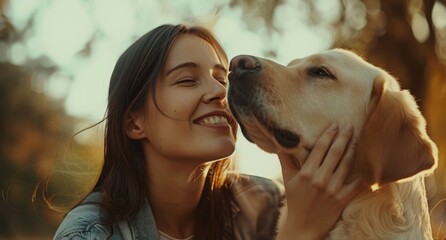 Smiling young woman with Golden Retriever at sunset. Female with her loyal dog. Heartwarming friendship - girl with beloved pet. Companionship in nature and cerene moments concept.