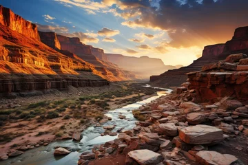 Schilderijen op glas Colorado Canyon Imposing rocky walls and serpentant river., generative IA © JONATAS