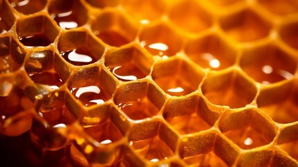 Close-up view of a honeycomb with golden yellow honey in hexagonal cells
