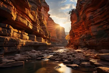 Foto auf Acrylglas Canyon at dawn, golden light on the walls., generative IA © JONATAS