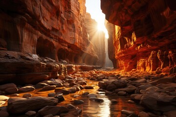 Canyon at dawn, golden light on the walls., generative IA