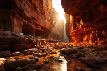Tuinposter Canyon at dawn, golden light on the walls., generative IA © JONATAS