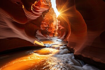 Golden Sun illuminates sandstone walls in the Antelope canyon., generative IA