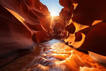 Abwaschbare Fototapete Golden Sun illuminates sandstone walls in the Antelope canyon., generative IA © JONATAS