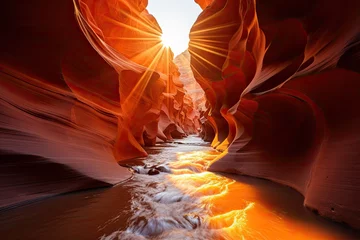 Zelfklevend Fotobehang Golden Sun illuminates sandstone walls in the Antelope canyon., generative IA © JONATAS