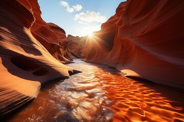 Golden Sun illuminates sandstone walls in the Antelope canyon., generative IA - obrazy, fototapety, plakaty