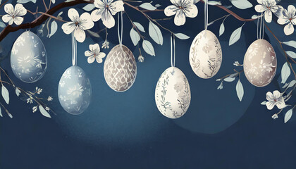 Navy blue Easter background with flowers and Easter eggs hanging at the top
